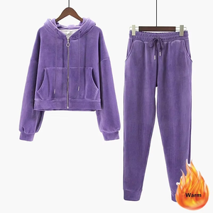 Ensemble 2 pièces décontracté en velours épais pour l'automne : haut court à capuche et pantalon droit, chaud et chic - Product Image 5