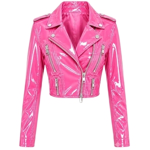 Veste moto courte en cuir verni noir pour femme |   Vêtements d'extérieur en vinyle PVC brillant pour motards, streetwear Y2K haute visibilité, finition vernie brillante - Product Image 5