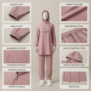 Ensemble de survêtement islamique 2 pièces à capuche et manches longues pour femme REDDITO, broderie, coupe classique, couleur unie, polaire, écologique, automne - Product Image 4