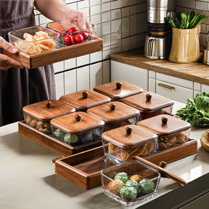 Wooden <b>Walnut</b> Snack Tray Dry Fruit Serving Tray with Glass Bowls Partition Candy Dessert Dish Wholesale Supplier OEM - Product Image 1
