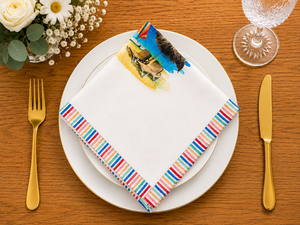 Serviette en coton de qualité supérieure avec bordure rayée multicolore et imprimé bateau côtier |   Serviette de table en coton imprimé pour la table à manger - Product Image 4