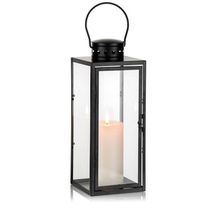Farol Rectangular de Metal con Paneles de Vidrio, Acabado Negro, Decoración Duradera para el Hogar, Portavelas - Product Image 1