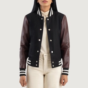 Black Varsity <b>Jacket</b> With Brown Faux Leather Sleeves Stand Collar Button Closure Autumn Wear <b>Women's</b> <b>Jacket</b> - Product Image 1