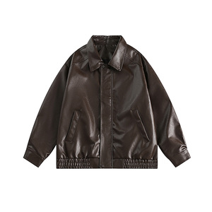 <b>Men</b> PU <b>Leather</b> <b>Jacket</b> Spring New Fashion Simple Casual Loose Vintage Zipper Amercian Coat Lapel Street Male Waterproof Overcoat - Product Image 2
