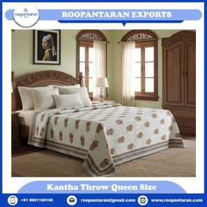 Traditional Indian Cotton Sanganer Kantha Queen Size <b>Throws</b> Hand Block Printed <b>Large</b> Width Handmade Quilt Home Bedding Export - Product Image 2