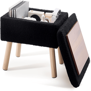 Black Rectangular <b>Storage</b> Ottoman <b>with</b> Teddy Fleece Upholstery Solid Wood Legs As Foot <b>Stool</b> Bench for Entryway - Product Image 1