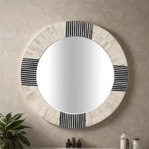 Round Bone Inlay Wood Frame <b>Mirror</b> With <b>Black</b> White Stripe Design Modern Farmhouse Decor <b>Wall</b> <b>Mirror</b> For Bathroom - Product Image 3