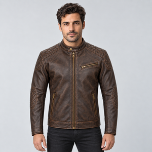 Veste Café Racer marron pour homme avec col à boutons-pression, panneaux d'épaule matelassés, patchs aux coudes, poches zippées et ferrures en laiton - Product Image 3
