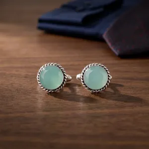 Ensemble de boutons de manchette en chalcédoine bleue aqua, faits à la main, sertis dans de l'argent sterling 925 plaqué, bijoux pour hommes et femmes - Product Image 2