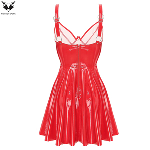 Nouvelle arrivée, robe skater en similicuir rouge pour femme, brillante, avec bretelles réglables et détail anneau en O, style gothique punk, tenue de club - Product Image 6