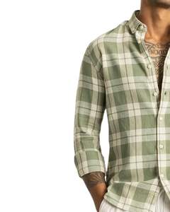 Chemise en coton à carreaux vert sauge et blanc pour homme, manches longues, boutonnée, décontractée, coupe ajustée, fabrication OEM, qualité supérieure - Product Image 3