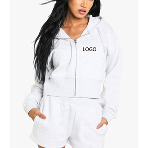 Sudadera con capucha de felpa francesa con logo personalizado, corte oversize, para mujer, top corto de gimnasio, con cremallera frontal y estampado puff. - Product Image 1