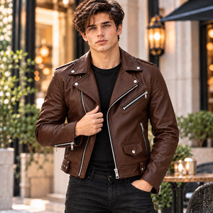 Chaqueta de Cuero Genuino para Hombre, Estilo Motero, Color Marrón, Corte Ajustado, Estilo Vintage Punk Rock, con Cierre, para Motociclismo y Trabajo - Product Image 4