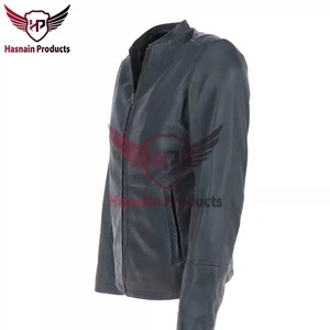 Chaqueta de Cuero Azul Auténtico para Hombre, Corte Ajustado, Estilo Café Racer, Motociclista, Piel de Vacuno, Cuello sin Solapa, Personalizada, Clásica, Cálida para Invierno - Product Image 4