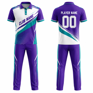 Uniforme de Cricket Personalizado con Sublimación, Color Morado y Verde Azulado, Unisex, Transpirable, 100% Poliéster, Sin Costuras, con Tecnología de Detección de Agujas, Kit para Equipo - Product Image 1