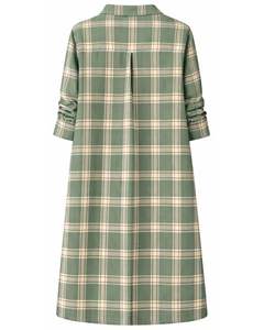 Vestido Camisero a Cuadros Verde Salvia para Mujer, Manga Larga, Cierre de Botones, Midi, Casual, Holgado, de Algodón Tejido, con Bolsillos Delanteros, para Uso Diario - Product Image 2