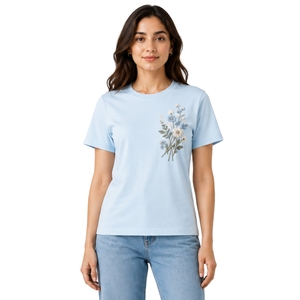 เสื้อยืดคอกลมผ้าฝ้ายปักลายดอกไม้สีขาวสำหรับผู้หญิง สีฟ้าสกายบลู สั่งทำได้ พรีเมียม แฟชั่นฤดูร้อน แขนสั้น สไตล์ลำลอง รับผลิตแบบ OEM - Product Image 1