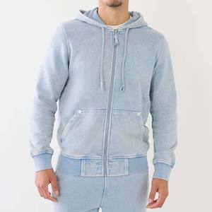 French Terry Heavyweight Sun Fade Blue Jeans Denim Hoodie With Zipper Up Outdoor Vintage Denim Jean Hood Breathable Custom Logo - Product Image 1