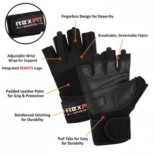 Rexfit Half <b>Finger</b> Gym Gloves Black Mesh Breathable Non Slip Adjustable Wrist <b>Strap</b> Hook and Loop Closure Weight Lifting Unisex - Product Image 4