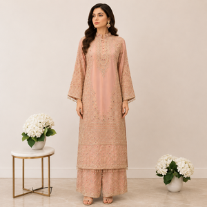 Luxury Cotton Pakistani Long Cut Embroidered Suit Women Premium Designer Dust Pink Party Wedding Wear Straight Kurta Palazzo - Product Image 6