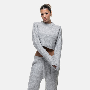 Suéter corto de punto con cuello alto gris para mujer, top informal de manga larga para otoño - Product Image 1