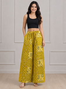 Pantalones Palazzo Estampados con Parches de Color Amarillo, Cintura Alta con Cordón, Pantalones de Playa de Verano, Estilo Boho Holgado, Proveedor Mayorista - Product Image 3