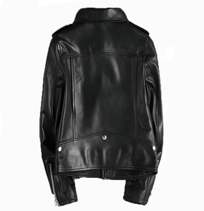 Women's Black Genuine Leather Moto Jacket Full Sleeve <b>Zipper</b> Closure Stand Collar Autumn Style - Product Image 2