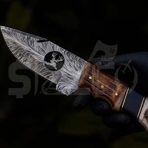 Couteau de chasse OEM Wirecut en acier Damas, couteau à dépecer, lame fixe avec manche en bois de cerf, couteau de camping et d'extérieur EDC avec étui en cuir - Product Image 2