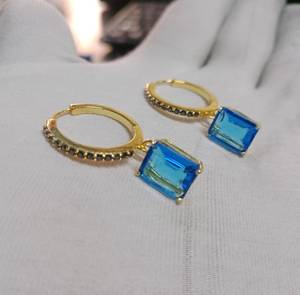Natural Blue Topaz Emerald Cut Drop Hoop Earrings 925 Sterling <b>Silver</b> 14K Gold Plated Dainty <b>Huggie</b> Wedding Jewelry - Product Image 6