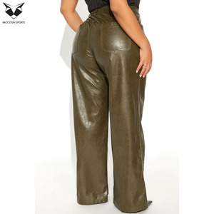 Pantalon en similicuir vert olive tendance pour femme, taille haute, coupe droite, ajustement régulier, style décontracté streetwear, respirant et écologique - Product Image 4