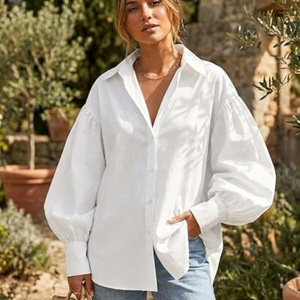 Camisa con botones y mangas abullonadas para mujer, blusa informal de corte holgado, top con cuello y manga larga para uso diario y de oficina - Product Image 2