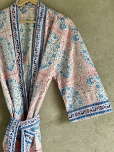 Block Print Cotton <b>Kimono</b> Robe <b>Long</b> Sleeve Floral Beach Cover Handcrafted V-neck Full-Length Belted Spring Resort Wear Front - Product Image 3