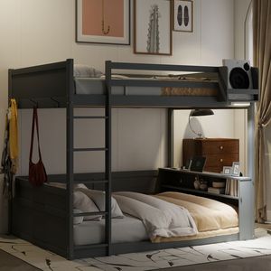 Letto a Castello in Legno Grigio Misura Queen con Luce LED, Stazione di Ricarica USB, Mensole Integrate e Vano Portaoggetti, Consegna Prevista 30/06 - Product Image 3