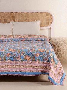 Bohemian Printed <b>Quilt</b> Blue Floral Pattern Handmade Cotton All-Season <b>Bedding</b> Set - Product Image 1