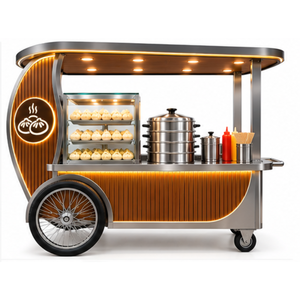 Carrito de comida móvil de acero inoxidable de triple eje para momos con vaporeras y vitrina de vidrio resistente a la oxidación - Product Image 1