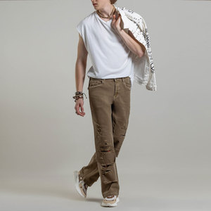 Pantalon en velours côtelé coupe droite pour homme, déchiré et vieilli, en coton mi-lourd, décontracté avec poches, style automne - Product Image 4