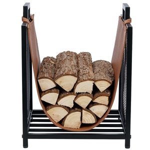 Modern Steel Log Holder with Brown Leather Accents Rectangle <b>Firewood</b> Storage <b>Rack</b> Powder Coated Finish - Product Image 2