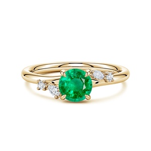 Anillo de Compromiso de Oro de 14K con Esmeralda Verde de Corte Redondo de 1 Quilate y Detalles de Diamantes Naturales de Múltiples Formas, Anillo Hecho a Mano Personalizado - Product Image 1