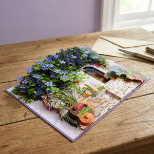 Carte de vœux 3D écologique motif cour de fleurs bleues, impression offset, finition mate, papier artistique, cadeau d'anniversaire - Product Image 5