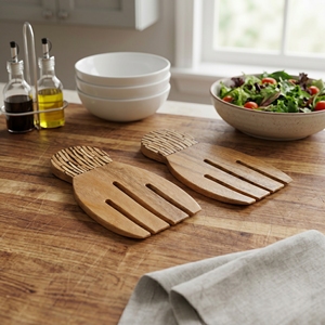 Utensilios para Ensalada de Madera Suar de Grado Alimenticio, Forma de Mano con Incrustaciones de Cáscara de Coco Blanca, Patrón de Líneas, Color Marrón Claro, Vajilla Elegante para Mesa de Cocina - Product Image 3