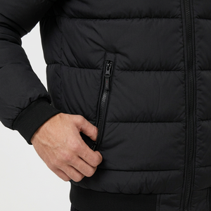 Customized Men's Winter Black Puffer <b>Jacket</b> Stand Collar Zipper Closure Windproof Casual Solid Color 100% Polyester - Product Image 4