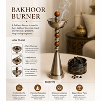 Ensemble de brûleurs d'encens en métal argenté de luxe, élégant support de censer en bois avec perles pour la décoration intérieure du Moyen-Orient, du Ramadan et des hôtels