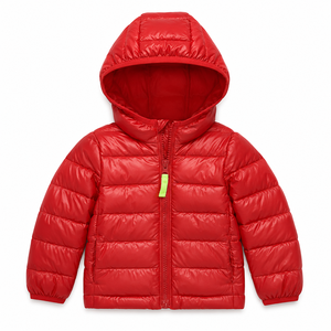 Veste d'hiver pour enfants en denim matelassé rouge coupe-vent à capuche fine à manches longues avec fermeture éclair - Product Image 5
