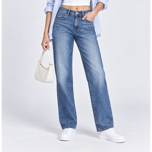 Jeans de mezclilla de cintura alta para mujer, de pierna recta, con túnel frontal ancho para cinturón, azul medio, al por mayor - Product Image 4