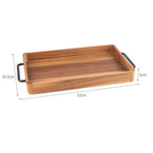 Plateau de service rectangulaire en bois d'acacia poli de haute qualité, moderne et écologique, avec poignée en métal et motif personnalisé pour les fêtes - Product Image 3
