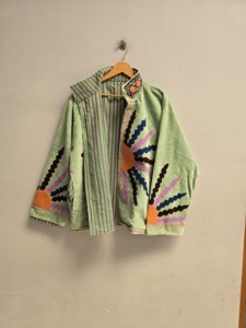 Mint <b>Green</b> <b>Velvet</b> Suzani Jacket for Women Handmade Celestial Sunburst Embroidery Boho Ethnic Designer Outerwear Wholesale Export - Product Image 3