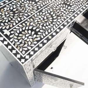 Handcrafted Bone Inlay <b>Console</b> <b>Table</b> <b>Black</b> White Geometric Pattern Bohemian Entryway Storage Cabinet Decorative Accent Furniture - Product Image 5