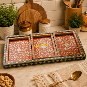 Wedding Mother of Pearl Handicraft Serving Tray Set | Handmade Wood Craft Ramadan Eid Decorative Kitchenware Tray for Home <b>Gift</b> - Product Image 1