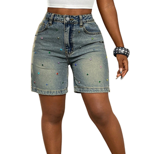 <b>Women's</b> Stonewashed Woven Denim <b>Shorts</b> High Waist Straight Rhinestone Cute Casual Summer Regular Fit 100% Cotton OEM ODM - Product Image 1