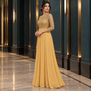 Golden Mesh Bodice Evening Dress O Neck Three Quarter Sleeves A-Line Formal | Golden <b>Floor</b> <b>Length</b> Embellished Formal Party <b>Gown</b> - Product Image 3